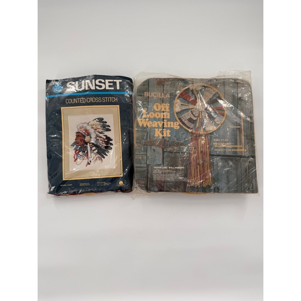 Vintage 1984 Sunset Indian Chief Cross Stitch & Bucilla Indian Lore Weaving Kits
